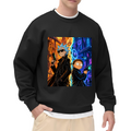 Two travelers between contrasting warm and cool city scenes printed on a men's crewneck sweatshirt, shown in a front model photo