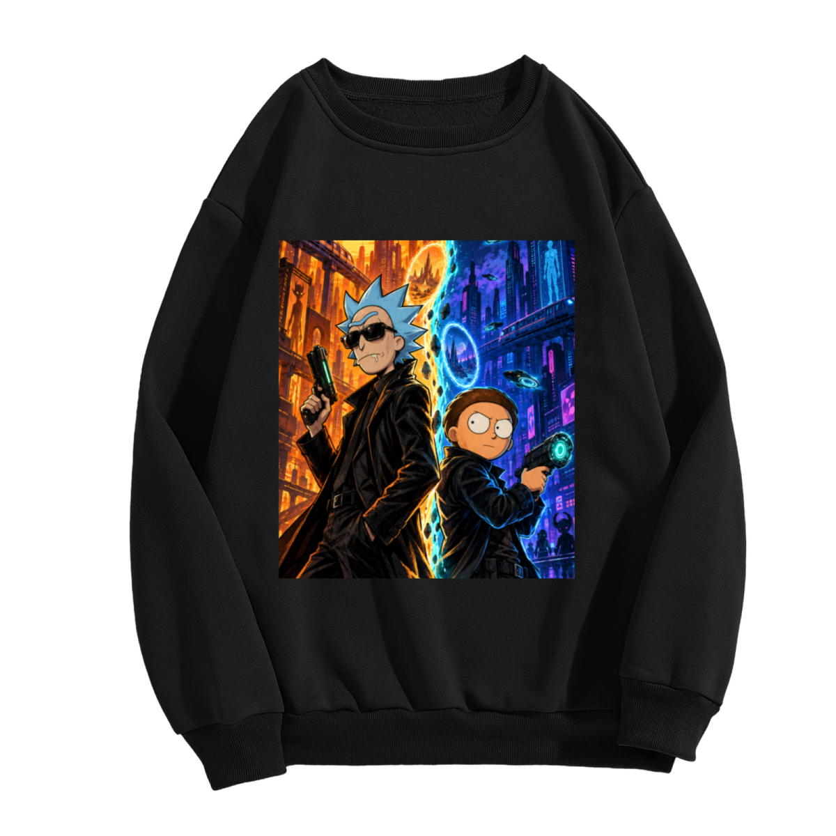 Unworn men's crewneck sweatshirt, front view of the design depicting two travelers between contrasting warm and cool city scenes