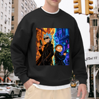 On-location model photograph displaying two travelers between contrasting warm and cool city scenes on the front of a men's crewneck sweatshirt