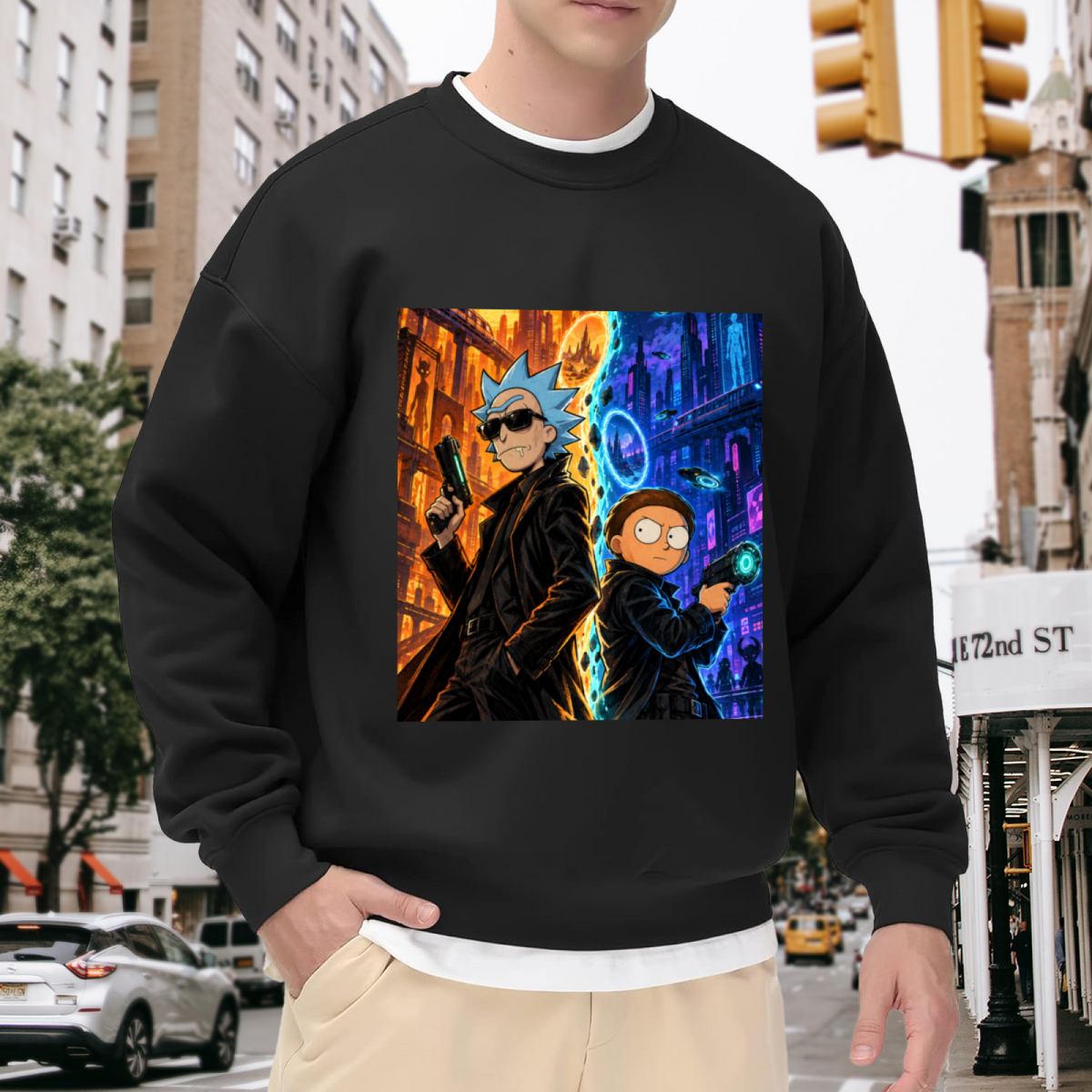 On-location model photograph displaying two travelers between contrasting warm and cool city scenes on the front of a men's crewneck sweatshirt