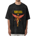 Nirvana In Utero Pink Angel Washed Tee in Black, product image showing a pink winged angel illustration based on the In Utero visual theme.