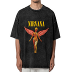 Nirvana In Utero Pink Angel Washed Tee in Black, product image showing a pink winged angel illustration based on the In Utero visual theme.