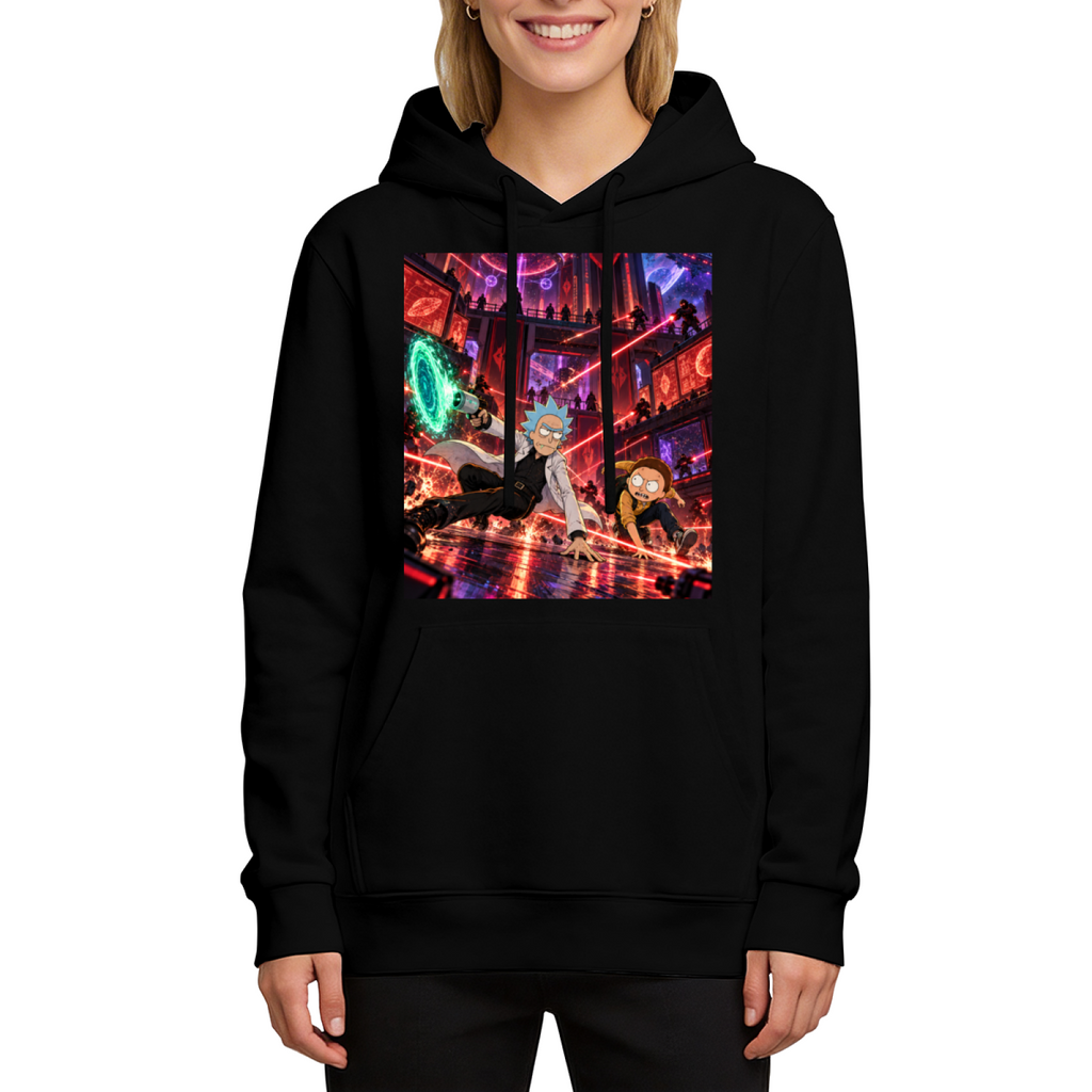 On-model product photo: women's hoodie bearing figures escaping through intersecting laser beams in a futuristic city