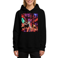On-model product photo: women's hoodie bearing figures escaping through intersecting laser beams in a futuristic city