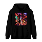 Women's hoodie photographed alone, with figures escaping through intersecting laser beams in a futuristic city on the front