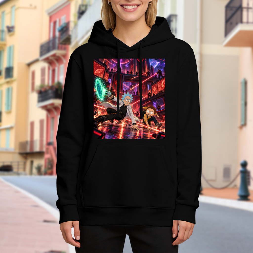 Lifestyle image outdoors: women's hoodie with a front graphic of figures escaping through intersecting laser beams in a futuristic city