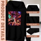 Feature collage for the women's Escape from the Light Grid hoodie: hood shape, pouch pocket and cuff finishing