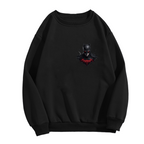 Men's crewneck sweatshirt photographed alone, with a pointed-cowl portrait above a crimson crest on the front