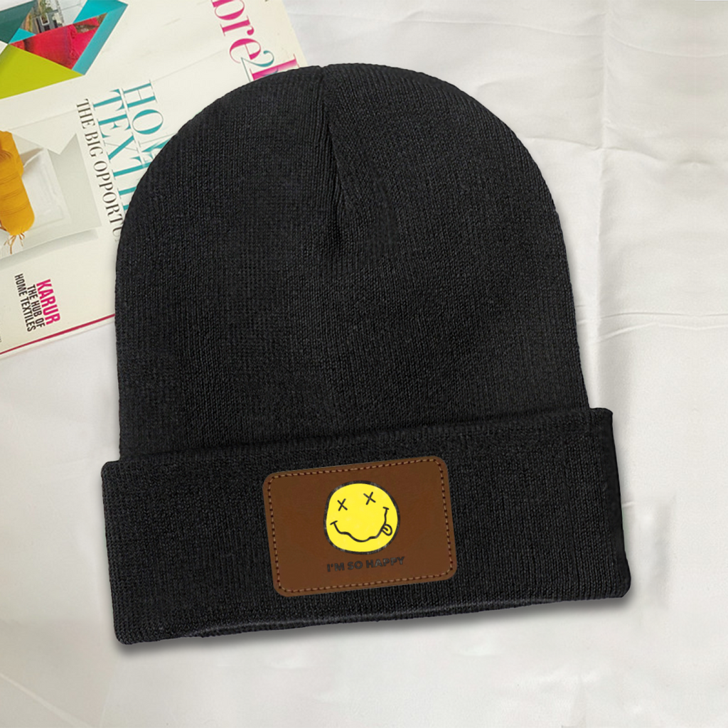 Nirvana I’m So Happy Graphic Patch Knit Beanie – Nirvana-themed rectangular patch beanie product image, DarkGray option