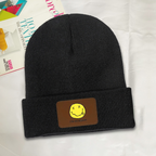 Nirvana I’m So Happy Graphic Patch Knit Beanie – Nirvana-themed rectangular patch beanie product image, DarkGray option