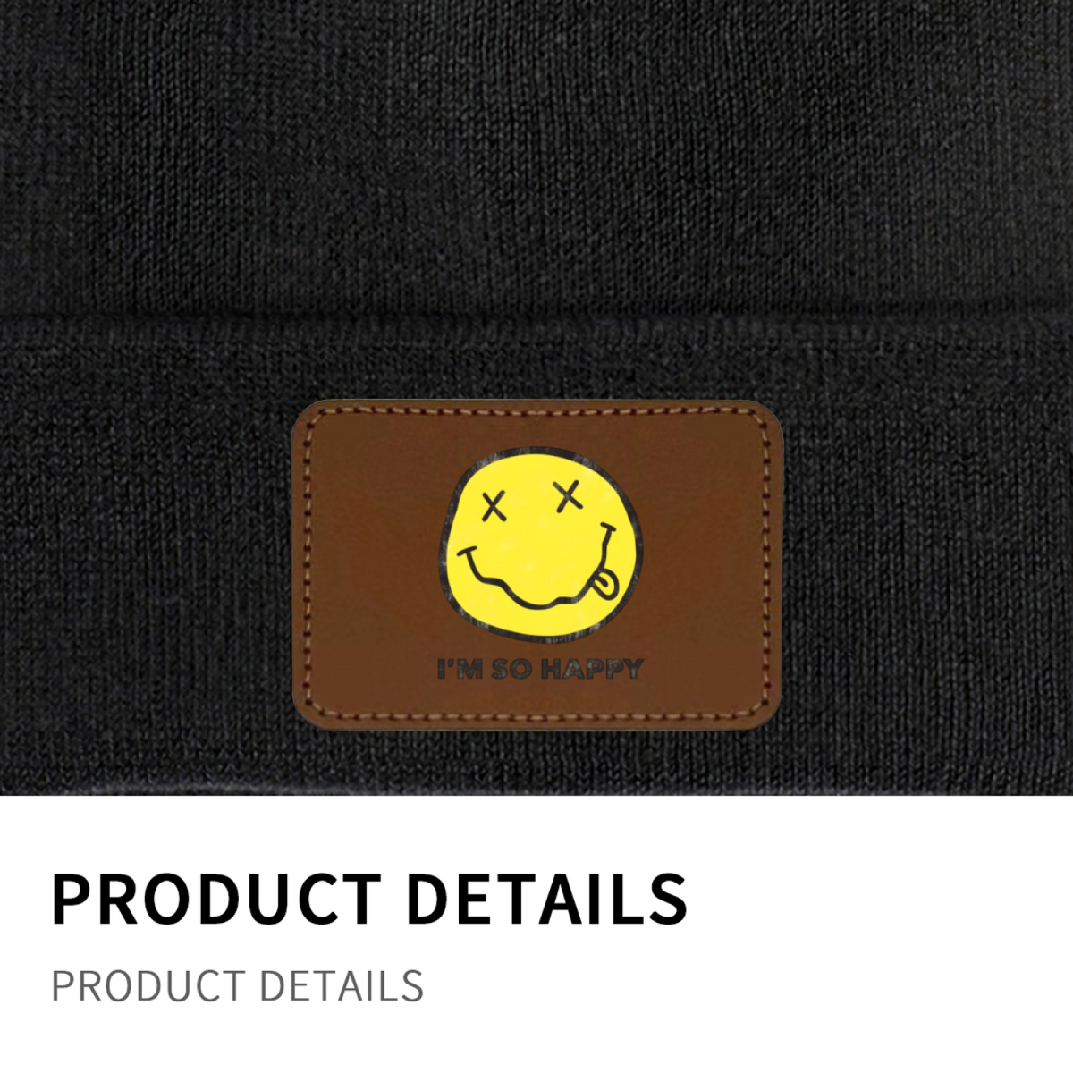 Nirvana I’m So Happy Graphic Patch Knit Beanie – Nirvana-themed rectangular patch beanie product image, Red option
