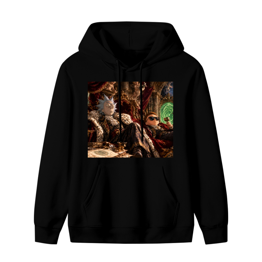 Standalone men's hoodie front displaying a graphic of figures gathered in a richly furnished palace lounge with a glowing portal