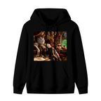 Standalone men's hoodie front displaying a graphic of figures gathered in a richly furnished palace lounge with a glowing portal