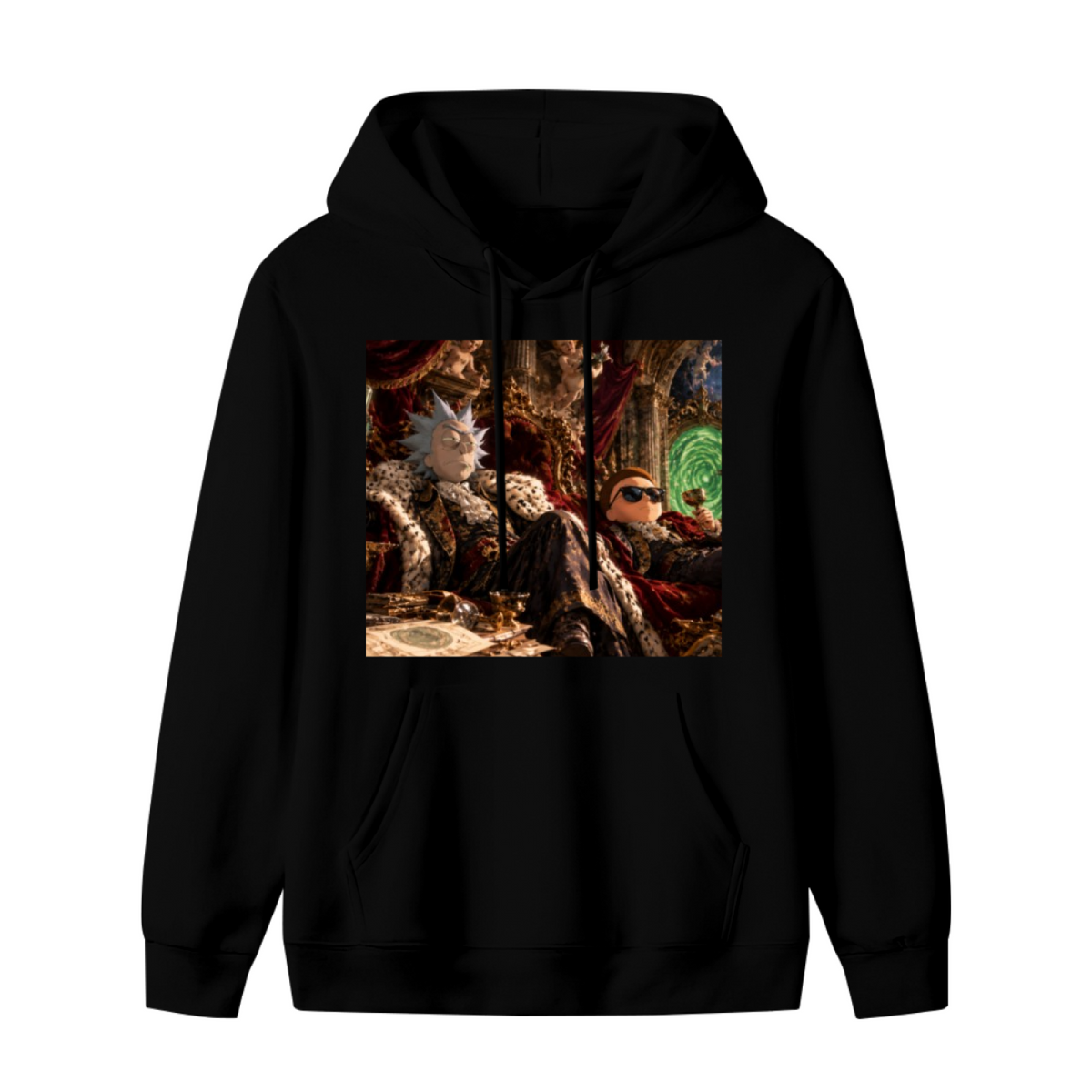Standalone men's hoodie front displaying a graphic of figures gathered in a richly furnished palace lounge with a glowing portal