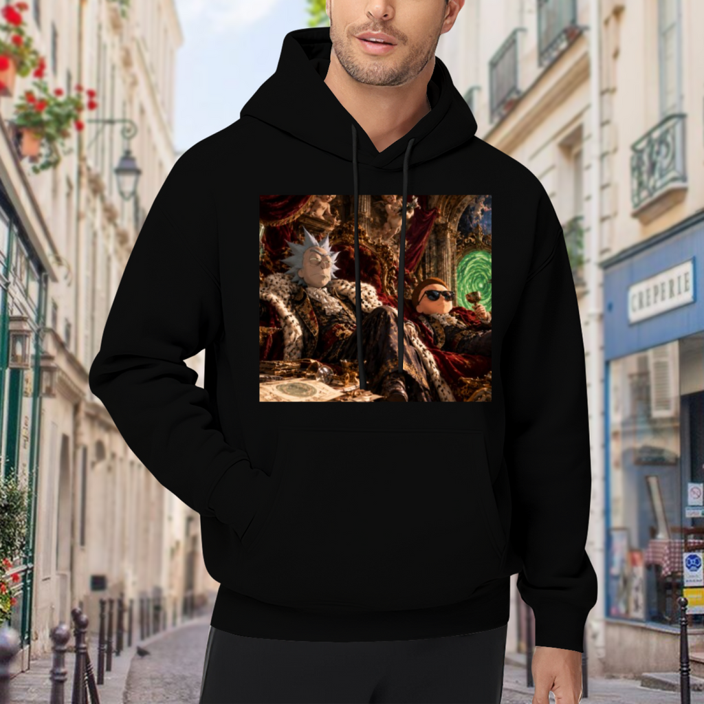 Men's hoodie worn outside, with the camera facing the graphic of figures gathered in a richly furnished palace lounge with a glowing portal