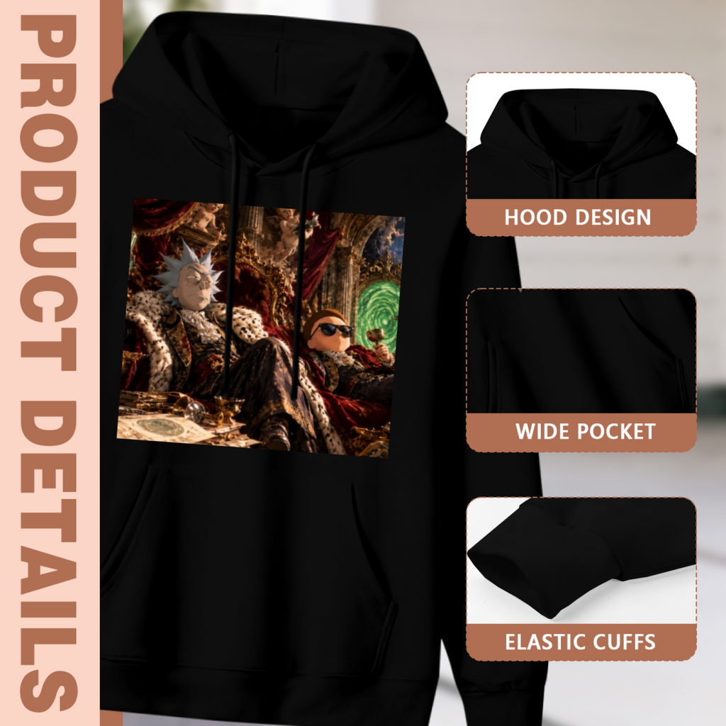 Construction-detail card for the men's Palace Lounge Portal Scene hoodie, including the hood, front pouch and cuff edges