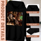 Construction-detail card for the men's Palace Lounge Portal Scene hoodie, including the hood, front pouch and cuff edges
