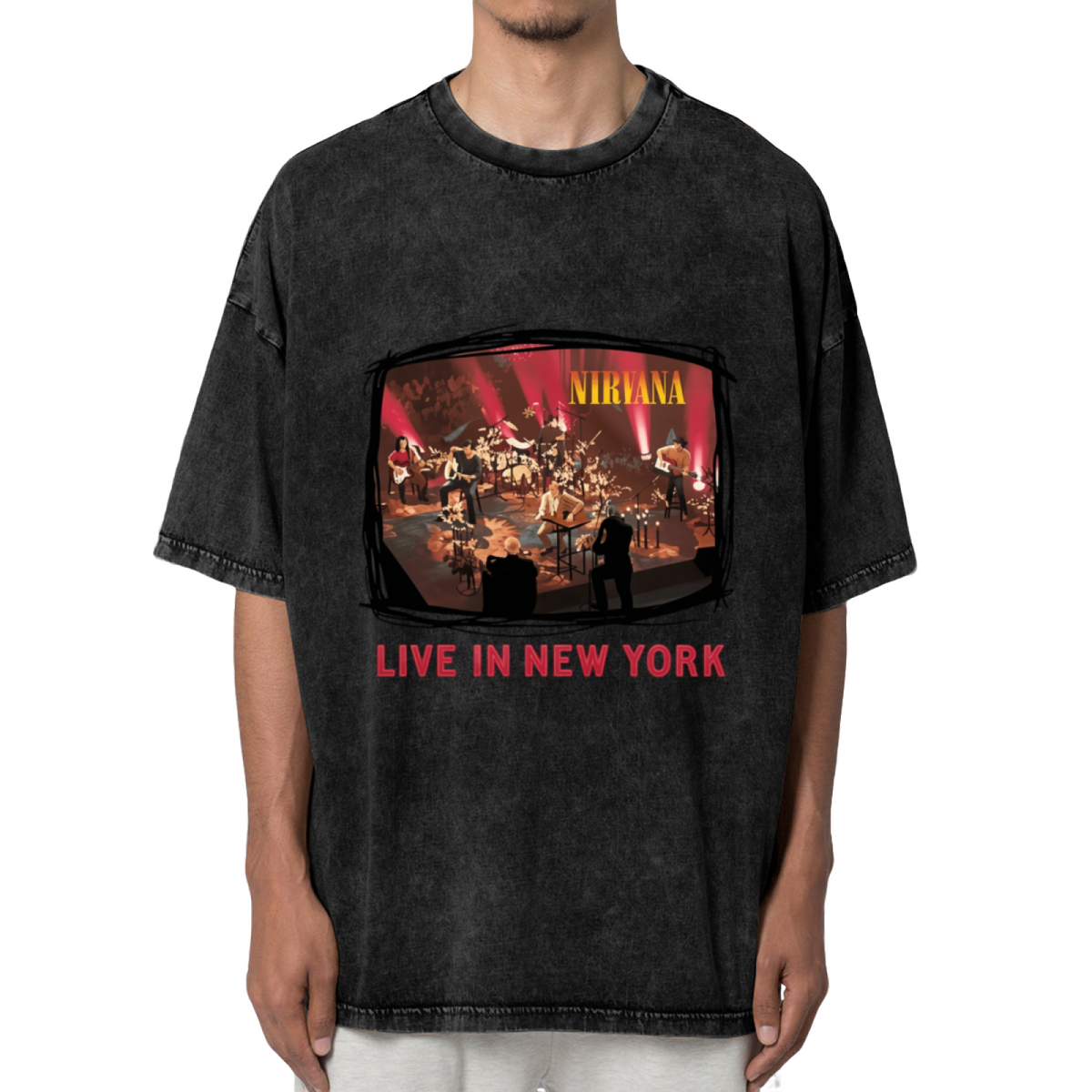 Nirvana Live in New York Washed Graphic Tee in Black, product image showing an acoustic concert-stage photograph referencing Nirvana’s New York live performance.