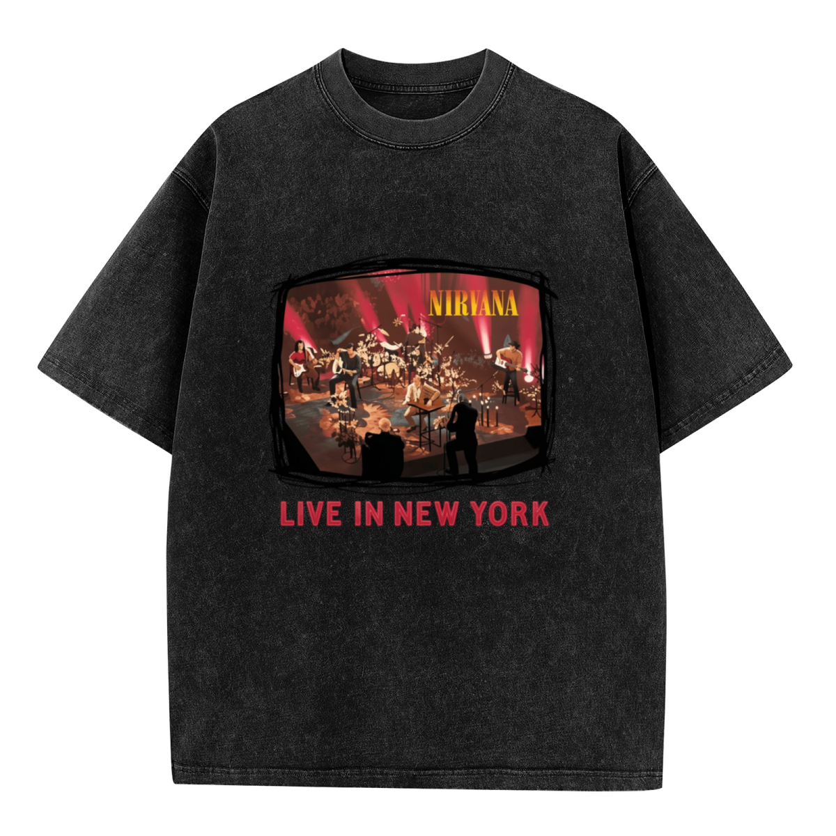 Nirvana Live in New York Washed Graphic Tee in Black, product image showing an acoustic concert-stage photograph referencing Nirvana’s New York live performance.