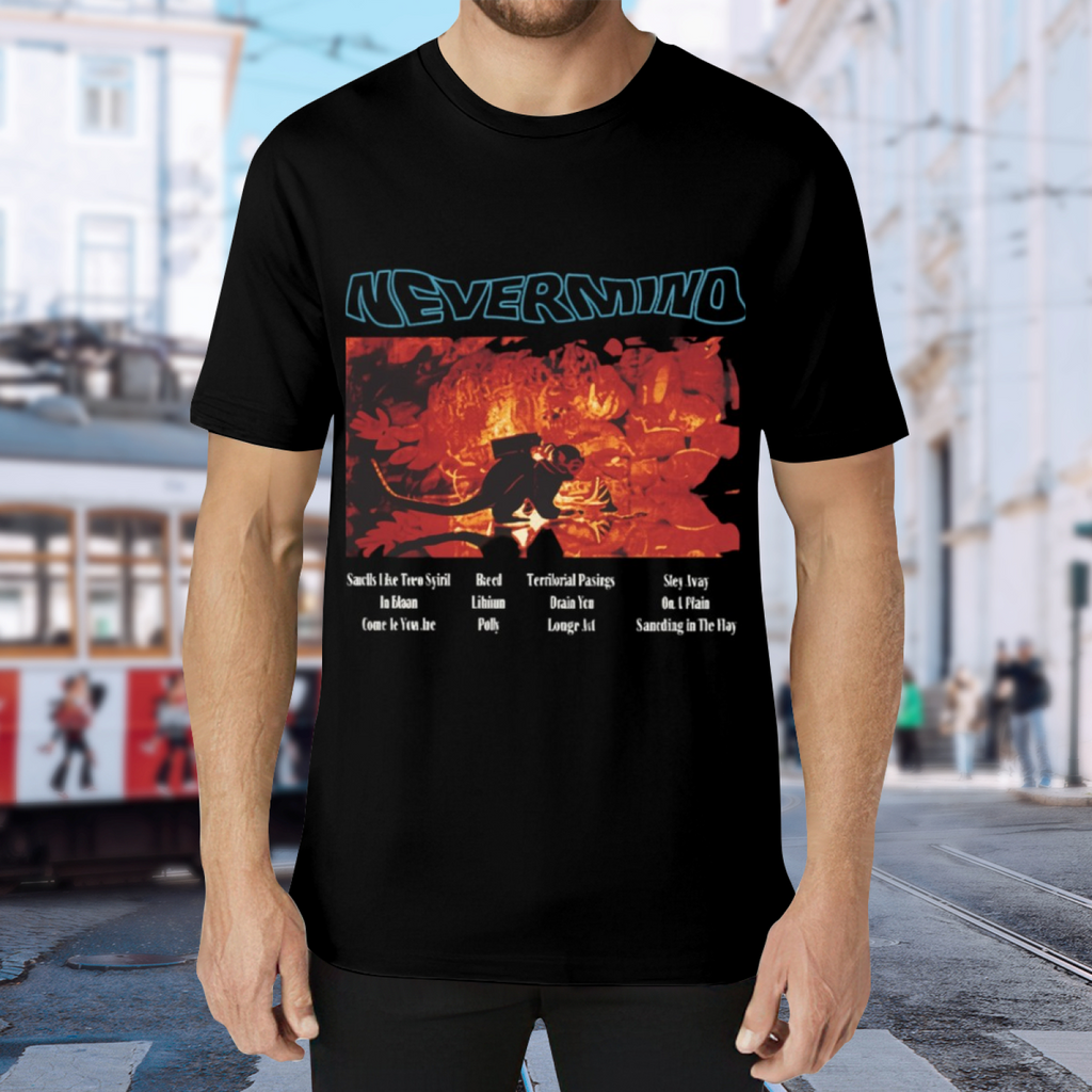 Nirvana Nevermind Red Concert Tracklist Graphic T-Shirt — product design preview of the artwork; red concert-inspired “Nevermind” artwork includes a tracklist element