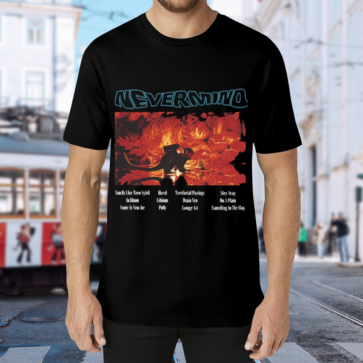 Nirvana Nevermind Red Concert Tracklist Graphic T-Shirt — product design preview of the artwork; red concert-inspired “Nevermind” artwork includes a tracklist element