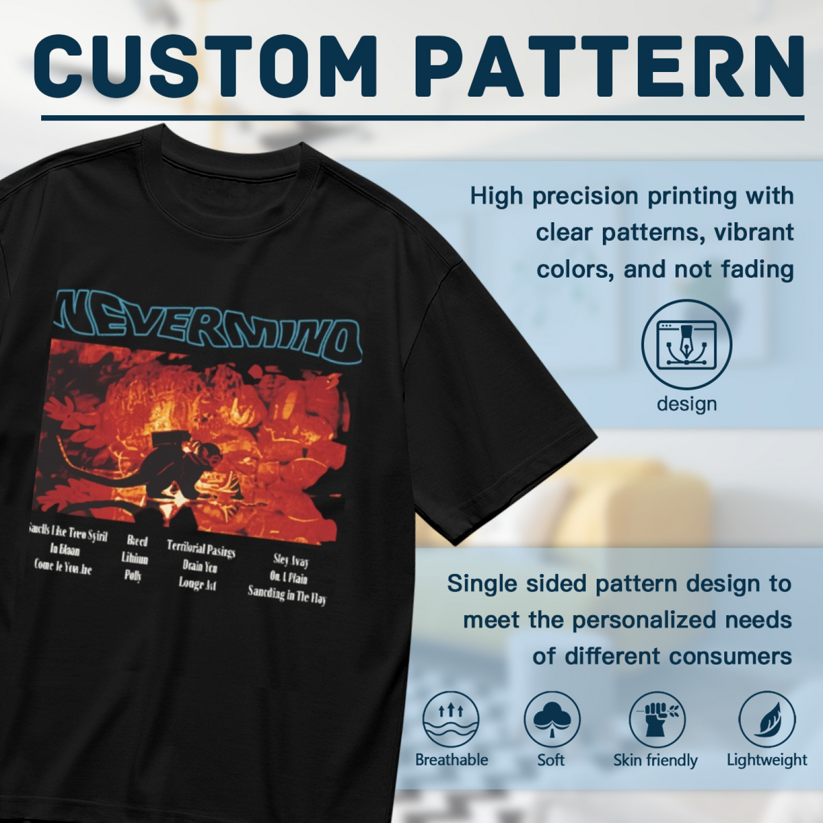 Nirvana Nevermind Red Concert Tracklist Graphic T-Shirt — product design preview of the artwork; red concert-inspired “Nevermind” artwork includes a tracklist element
