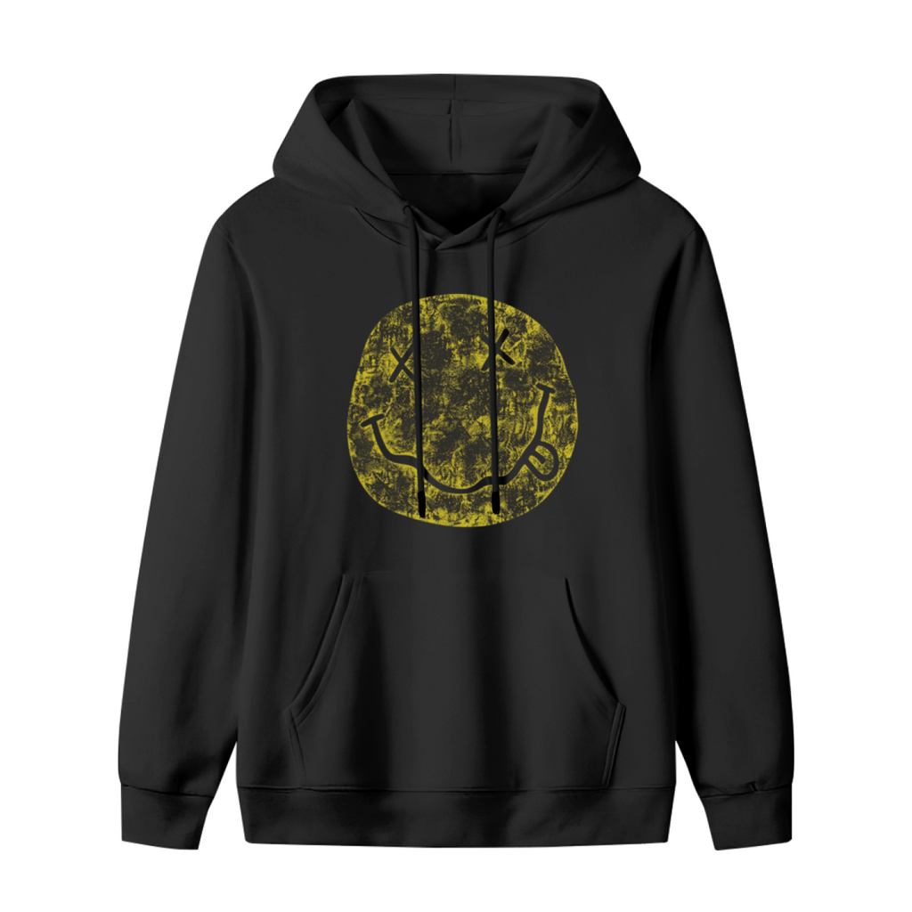 Hoodie product image with distressed yellow smiley artwork, black colorway