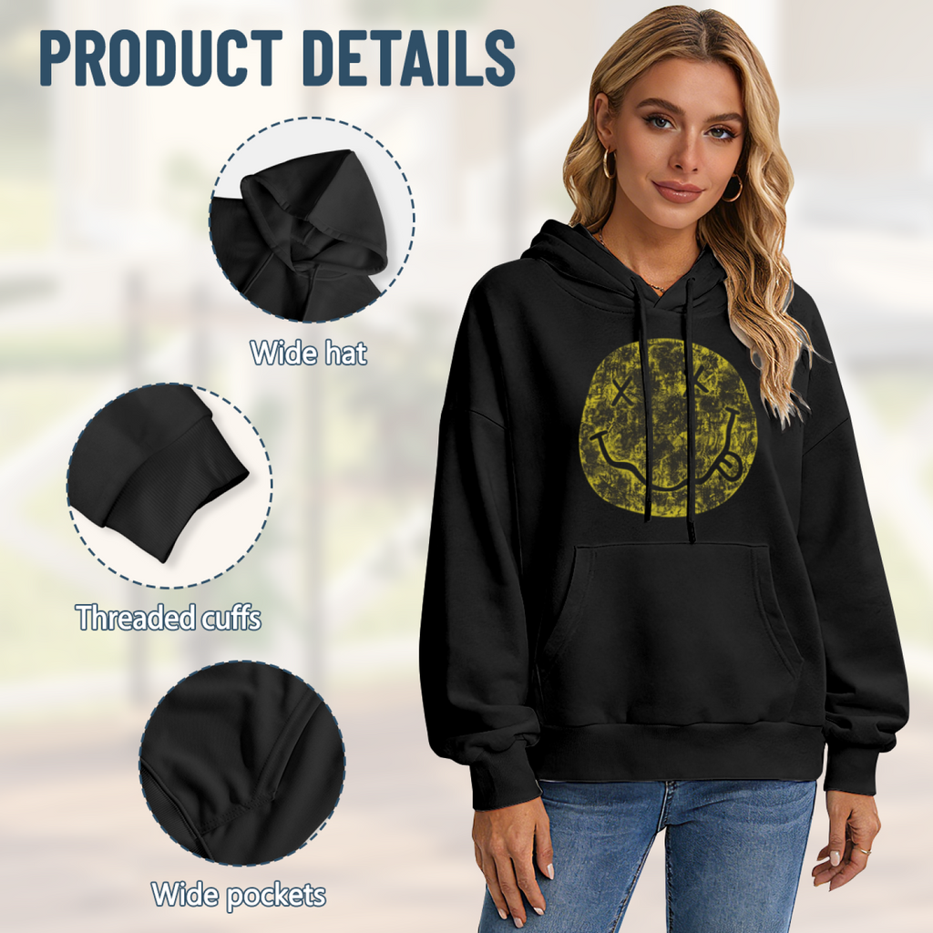 Hoodie product image with distressed yellow smiley artwork