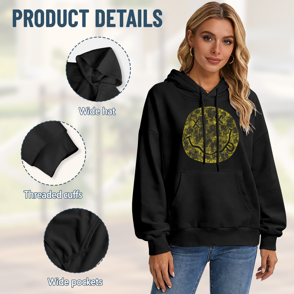 Hoodie product image with distressed yellow smiley artwork