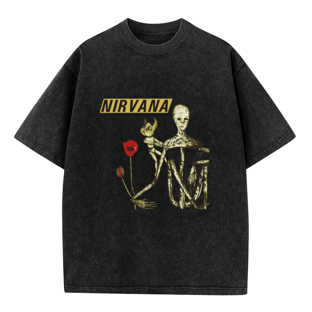 Nirvana Incesticide Album Washed Graphic Tee in Black, product image showing incesticide-inspired album imagery combining a doll figure and red poppy details.