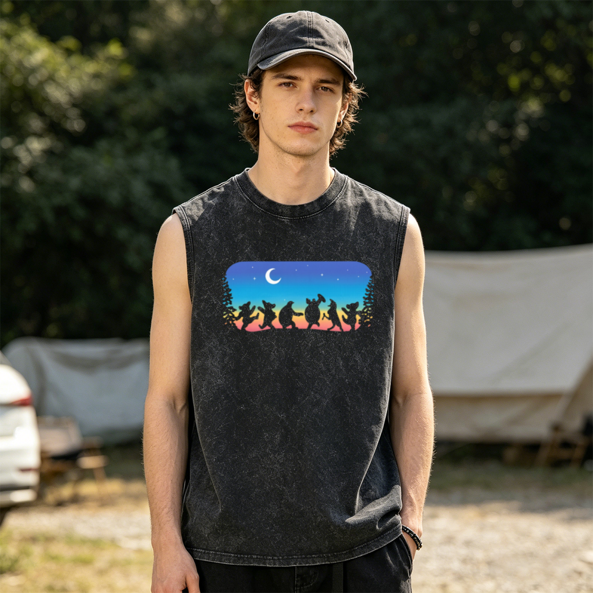 Grateful Dead washed graphic tank top with Navy Blue With A Colorful Of People And Nature graphic