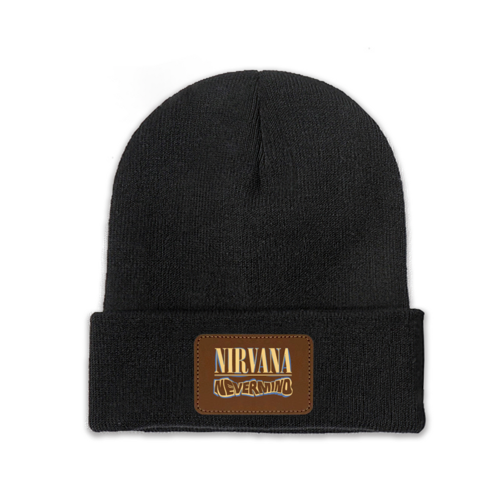 Nirvana Rough Sketch Graphic Knit Beanie Patch Hat – Nirvana-themed rectangular patch beanie product image, Black option