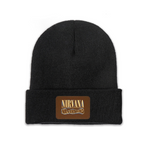Nirvana Rough Sketch Graphic Knit Beanie Patch Hat – Nirvana-themed rectangular patch beanie product image, Black option