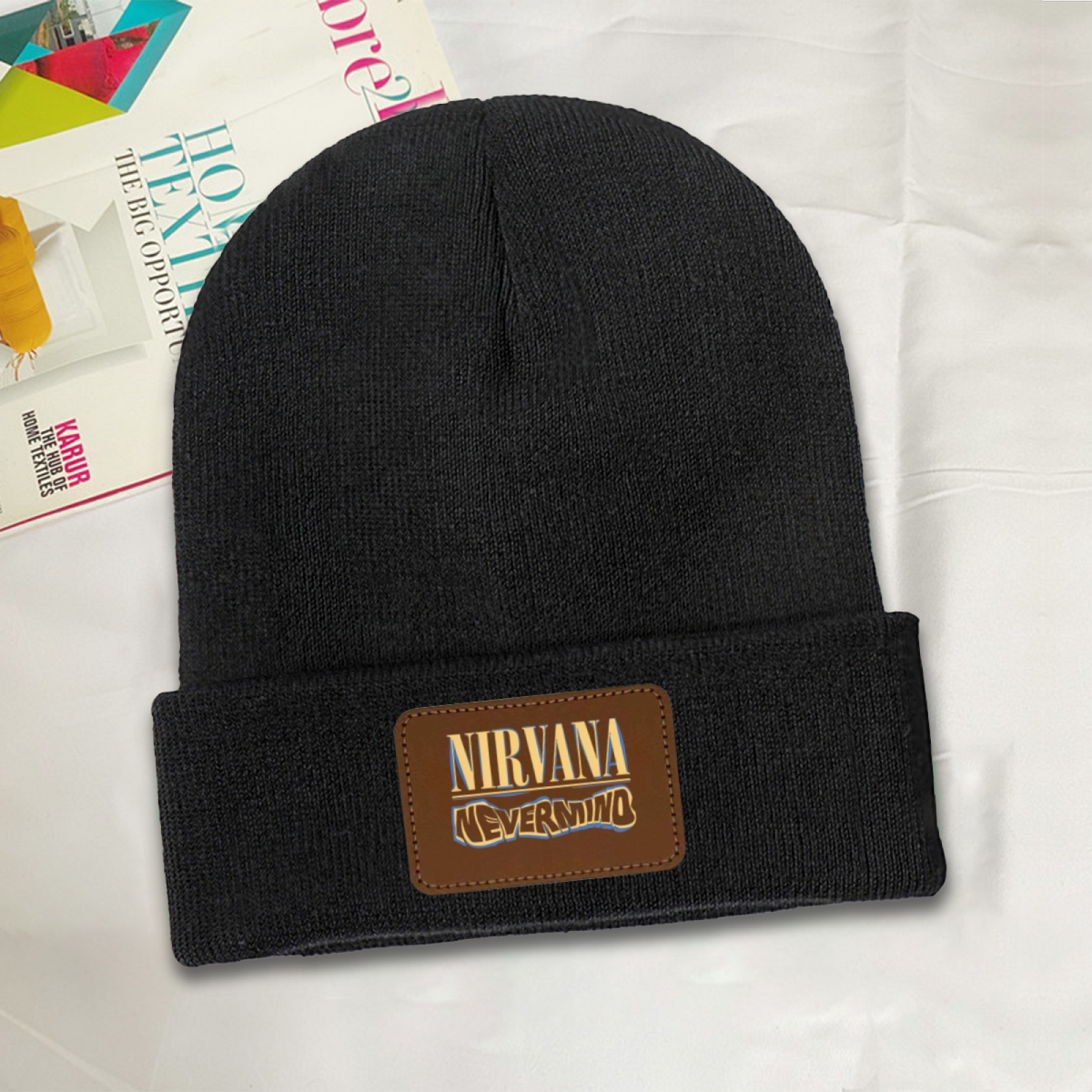 Nirvana Rough Sketch Graphic Knit Beanie Patch Hat – Nirvana-themed rectangular patch beanie product image, DarkGray option