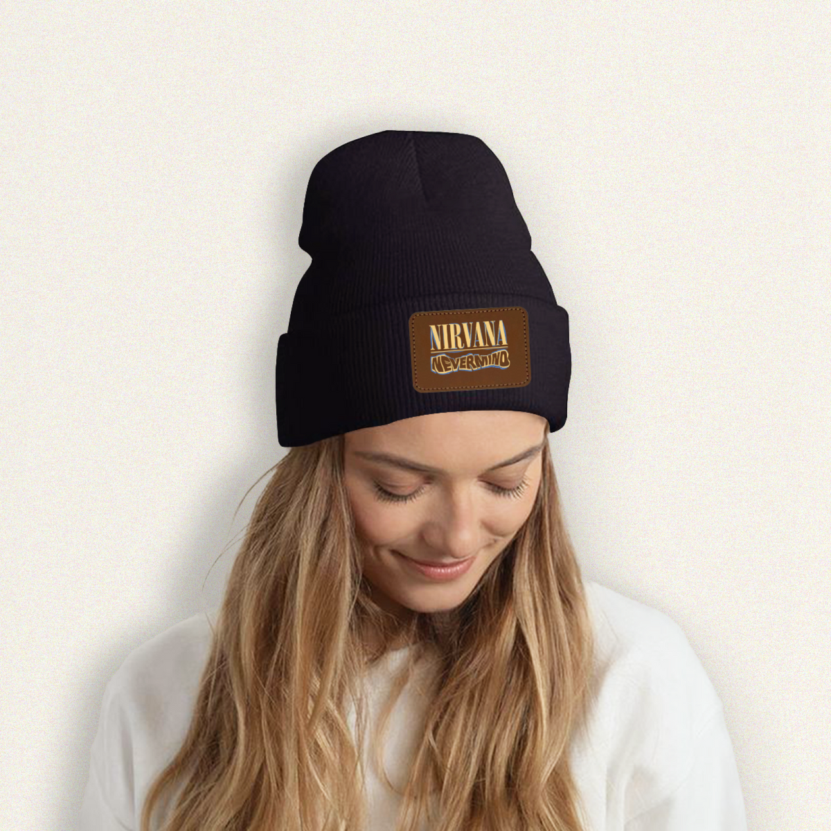 Nirvana Rough Sketch Graphic Knit Beanie Patch Hat – Nirvana-themed rectangular patch beanie product image, White option