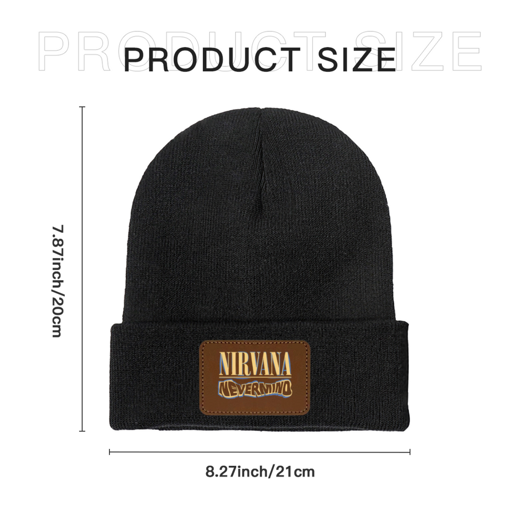 Nirvana Rough Sketch Graphic Knit Beanie Patch Hat – Nirvana-themed rectangular patch beanie product image, blackish green option