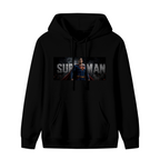 Unworn men's hoodie, front view of the design depicting a classic caped portrait in a horizontal banner with prominent lettering