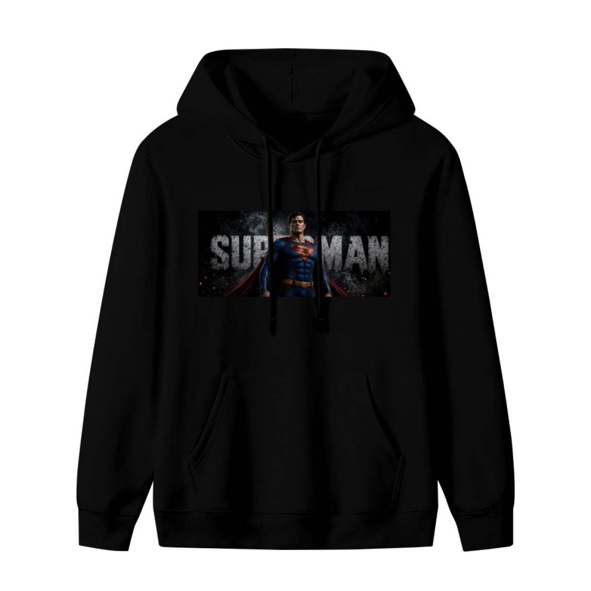Unworn men's hoodie, front view of the design depicting a classic caped portrait in a horizontal banner with prominent lettering