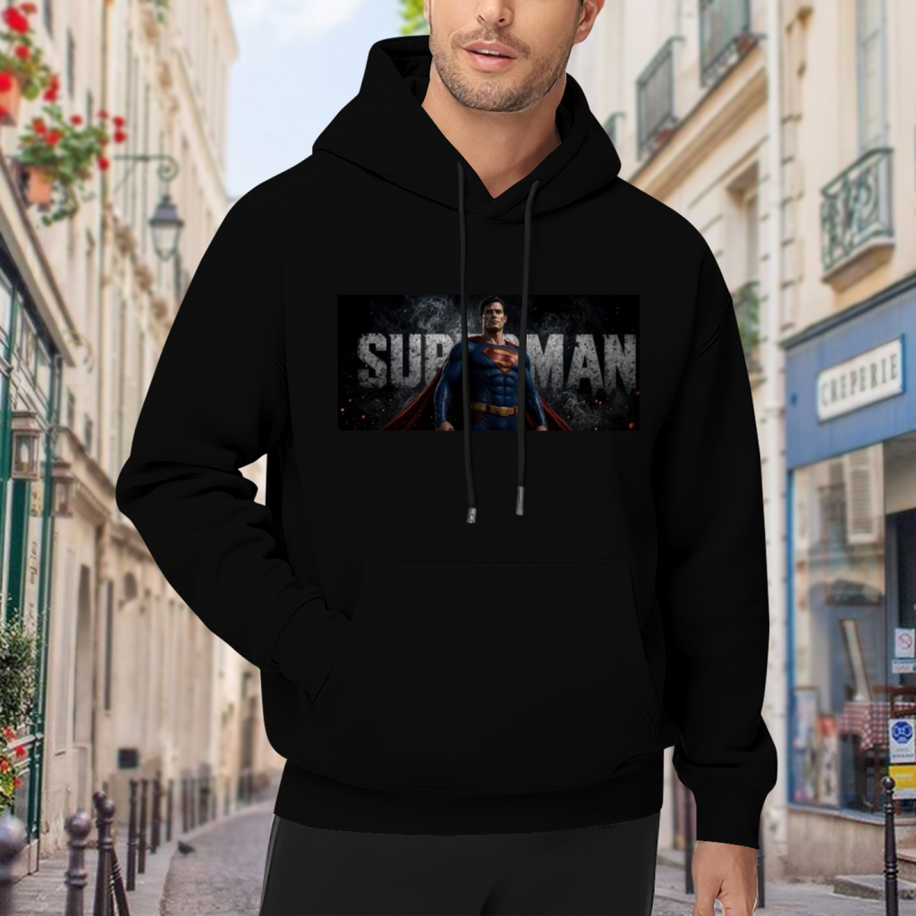 On-location model photograph displaying a classic caped portrait in a horizontal banner with prominent lettering on the front of a men's hoodie