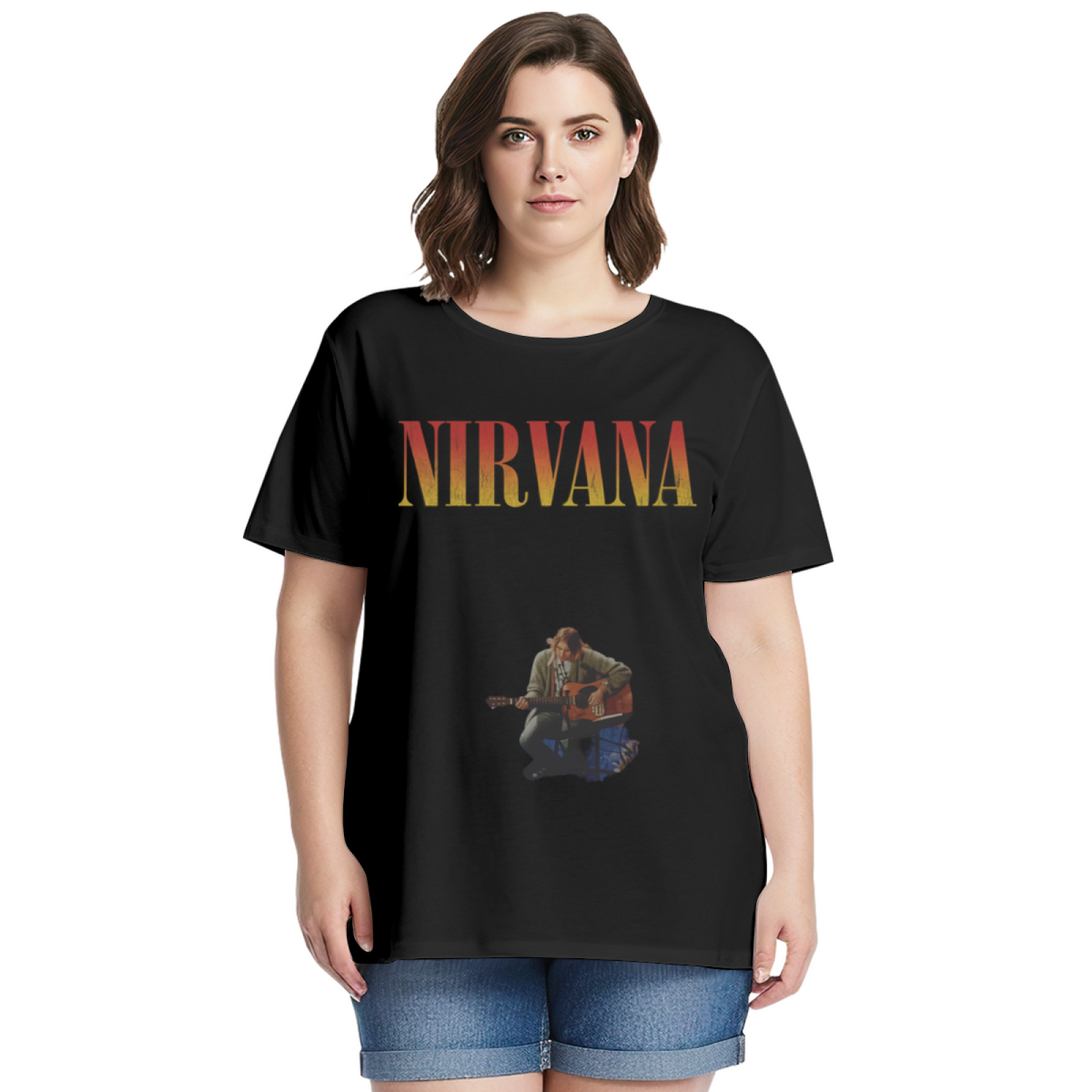 Graphic T-shirt product image with kurt cobain acoustic guitar artwork, black colorway