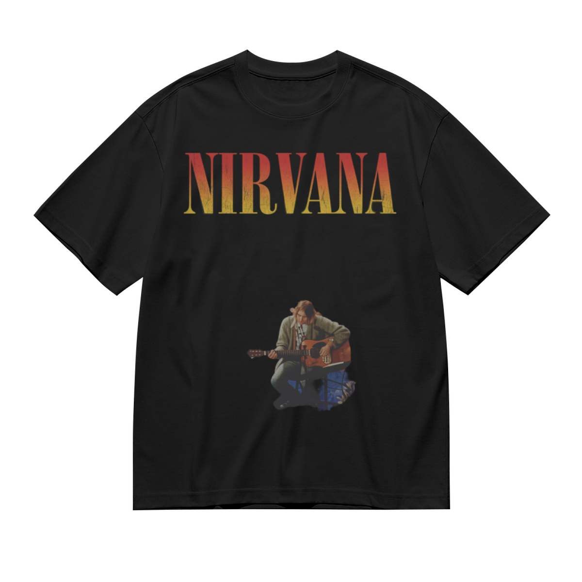 Graphic T-shirt product image with kurt cobain acoustic guitar artwork
