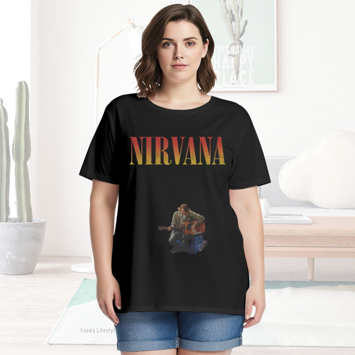 Graphic T-shirt product image with kurt cobain acoustic guitar artwork