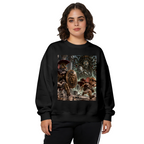 Front-facing model wearing a women's crewneck sweatshirt decorated with animal figures facing a monster in a moonlit fantasy battle