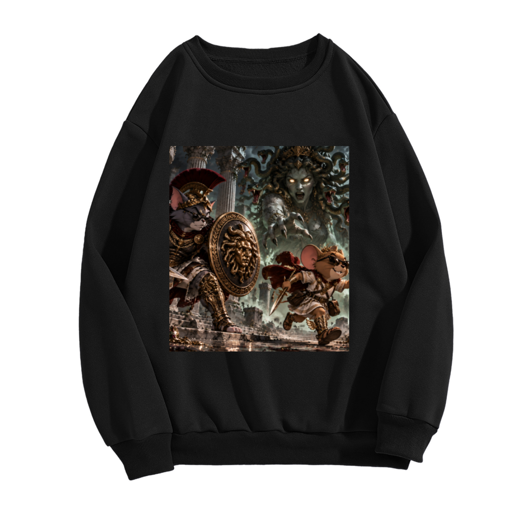 Animal figures facing a monster in a moonlit fantasy battle shown on the front of a women's crewneck sweatshirt in a standalone product shot