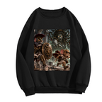 Animal figures facing a monster in a moonlit fantasy battle shown on the front of a women's crewneck sweatshirt in a standalone product shot