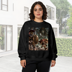 Outdoor photograph of a model in a women's crewneck sweatshirt bearing animal figures facing a monster in a moonlit fantasy battle