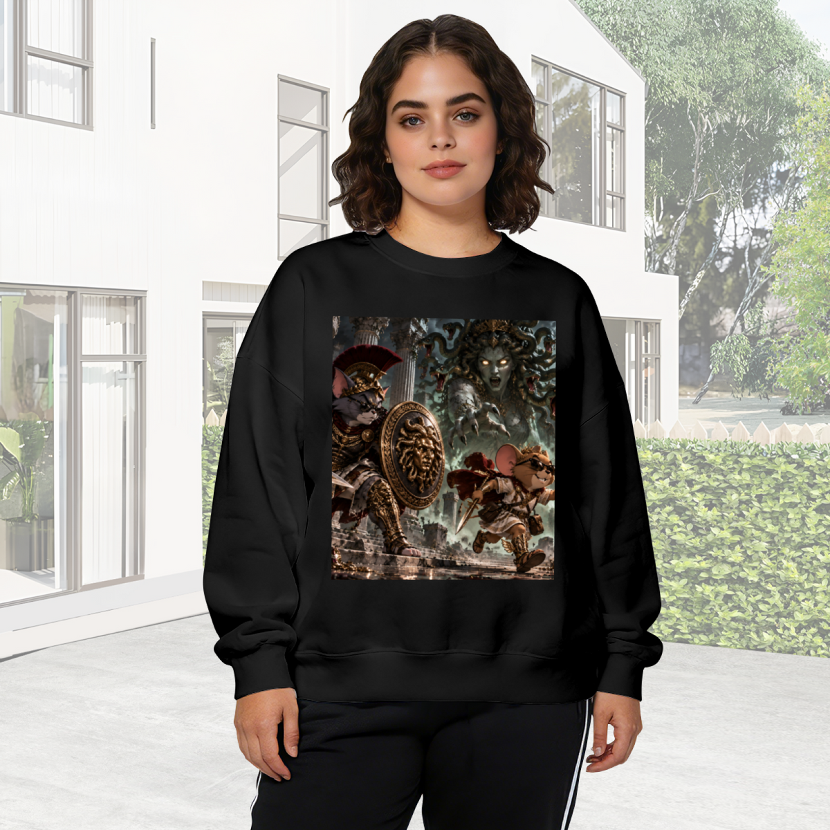 Outdoor photograph of a model in a women's crewneck sweatshirt bearing animal figures facing a monster in a moonlit fantasy battle
