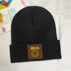 Nirvana Classic Smiley Square Patch Beanie product image showing square-patch knit beanie design