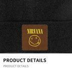 Nirvana Classic Smiley Square Patch Beanie product image showing square-patch knit beanie design