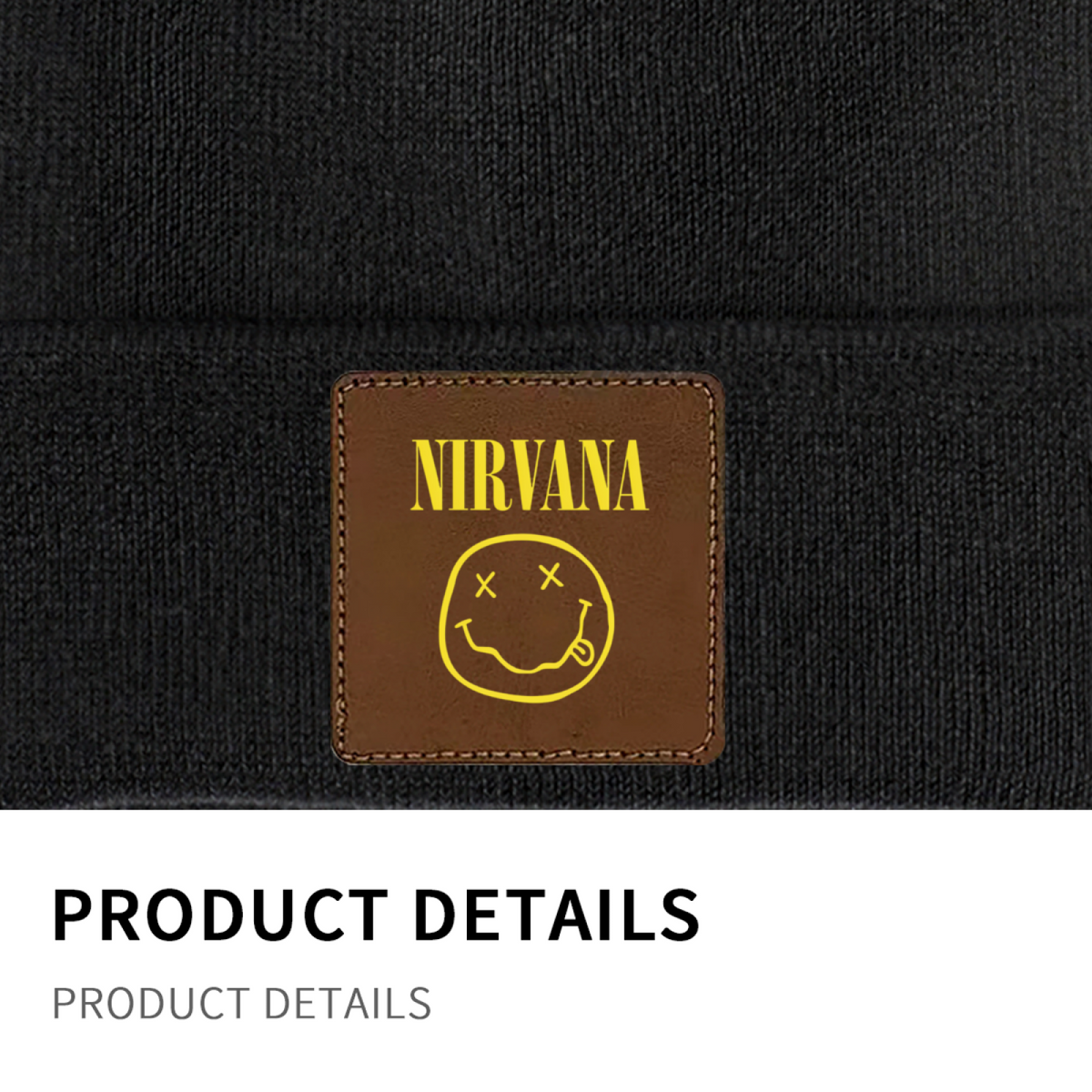 Nirvana Classic Smiley Square Patch Beanie product image showing square-patch knit beanie design
